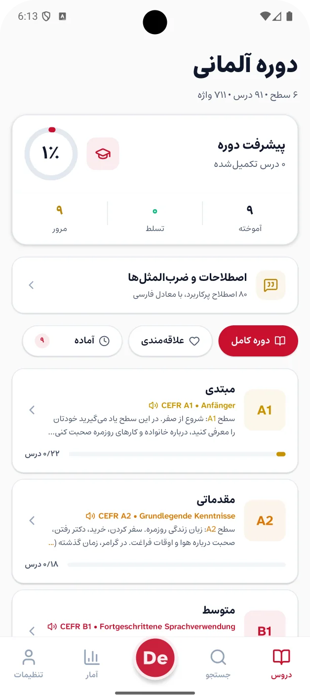 صفحه‌ی دوره‌ی آلمانی با درصد پیشرفت، بخش اصطلاحات و ضرب‌المثل‌ها و سطح‌ها